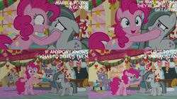 Size: 2000x1125 | Tagged: safe, edit, edited screencap, editor:quoterific, screencap, limestone pie, marble pie, maud pie, pinkie pie, g4, my little pony best gift ever, candy, candy cane, cheek squish, christmas decoration, fireplace, food, present, squishy cheeks, sugarcube corner