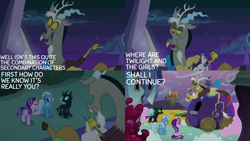 Size: 2000x1125 | Tagged: safe, edit, edited screencap, editor:quoterific, screencap, discord, starlight glimmer, thorax, trixie, g4, to where and back again, floating island, knitting, knitting needles, twilight's castle