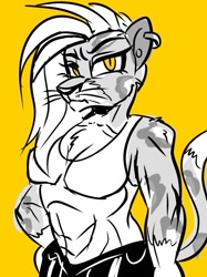 Size: 767x1023 | Tagged: safe, artist:jully-park, allura, big cat, leopard, snow leopard, anthro, g5, female, furry, grayscale, helix piercing, monochrome, muscles, simple background, solo, wingless, wingless anthro, yellow background