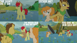 Size: 2000x1125 | Tagged: safe, edit, edited screencap, editor:quoterific, screencap, bright mac, grand pear, pear butter, earth pony, pony, g4, the perfect pear, butt, comic, field, pear tree, plot, tree, water, water tower