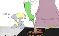 Size: 4800x2919 | Tagged: safe, artist:ponny, derpy hooves, oc, oc:anon, human, pegasus, pony, g4, colored, cooking, food, frying pan, meat, sausage, simple background, speech bubble, stove, text, white background, wooden spoon