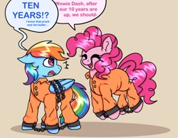 Size: 1348x1048 | Tagged: safe, artist:bluemoon, pinkie pie, rainbow dash, earth pony, pegasus, pony, g4, chained, chains, clothes, commissioner:rainbowdash69, cuffed, cuffs, duo, jumpsuit, never doubt rainbowdash69's involvement, prison outfit, prisoner, prisoner pp, prisoner rd, shackles