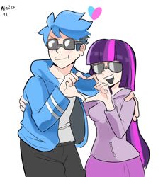Size: 1040x1130 | Tagged: safe, artist:alexicoreborn, twilight sparkle, human, g4, clothes, crossover, crossover shipping, emanata, female, hand on shoulder, heart hands, humanized, jacket, male, mordecai, mordetwi, regular show, shipping, signature, simple background, skirt, straight, sunglasses, sweater dress, white background