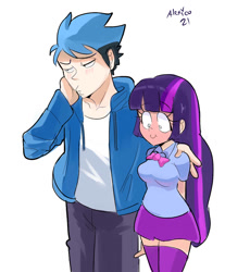 Size: 1040x1130 | Tagged: safe, artist:alexicoreborn, twilight sparkle, human, g4, blue hair, blushing, bowtie, clothes, crossover, crossover shipping, female, humanized, jacket, male, mordecai, mordetwi, regular show, shipping, signature, simple background, skirt, stockings, straight, thigh highs, white background