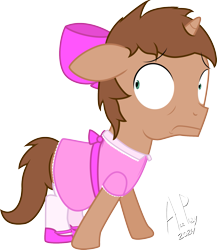 Size: 1581x1820 | Tagged: safe, artist:ace play, oc, oc only, oc:heroic armour, pony, unicorn, g4, bow, clothes, colt, commissioner:peternators, crossdressing, dress, floppy ears, foal, hair bow, horn, male, simple background, socks, solo, transparent background, unicorn oc, vector, worried