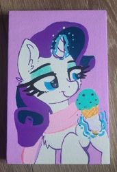 Size: 2268x3310 | Tagged: safe, artist:lbrcloud, part of a set, rarity, pony, unicorn, g4, clothes, female, food, glowing, glowing horn, horn, ice cream, ice cream cone, magic, mare, scarf, smiling, solo, telekinesis, traditional art