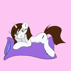 Size: 4096x4096 | Tagged: safe, artist:riley_draws_, oc, oc:brittneigh ackermane, pony, unicorn, body pillow, brown hair, brown mane, female, female oc, horn, lying down, pillow, pink background, prone, simple background, staring at you, unicorn oc