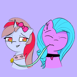 Size: 4096x4096 | Tagged: safe, artist:riley_draws_, oc, oc:cinnamon lightning, oc:evening skye, pegasus, pony, unicorn, bell, bell collar, blue mane, blushing, bow, collar, ear piercing, earring, hair bow, horn, jewelry, leash, pegasus oc, piercing, purple background, simple background, unicorn oc