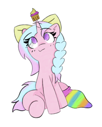 Size: 3104x3836 | Tagged: safe, artist:riley_draws_, oc, oc only, oc:cupcake swirl, pony, unicorn, bow, braid, clothes, colored, colorful, cupcake, digital art, food, hair bow, happy, horn, looking up, pink pony, purple eyes, simple background, sitting, smiling, sock, socks, solo, unicorn oc, white background