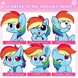Size: 2048x2038 | Tagged: safe, artist:kittyrosie, rainbow dash, pegasus, pony, g4, :3, cheek fluff, chest fluff, cute, dashabetes, dashstorm, drawing in mutuals style, ear fluff, female, kittyrosie is trying to murder us, mare, multeity, one eye closed, open mouth, style emulation, tongue out