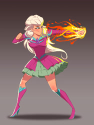 Size: 3500x4642 | Tagged: safe, artist:伟 沈, opaline arcana, human, g5, action pose, boots, clothes, female, fire, gradient background, high heel boots, humanized, light skin, punch, shoes, skirt, slender, solo, thin, turned head