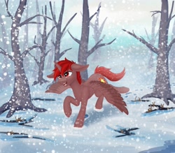 Size: 1920x1680 | Tagged: safe, artist:fess, oc, oc only, oc:hardy, alicorn, pony, alicorn oc, forest, horn, male, nature, running, smiling, snow, snowfall, solo, spread wings, stallion, tree, wings
