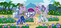 Size: 1666x768 | Tagged: safe, gameloft, fluttershy, princess cadance, princess celestia, princess flurry heart, princess luna, starlight glimmer, trixie, breezie, pegasus, pony, g4, my little pony: magic princess, official, breezdance, breezie heart, breeziefied, breezlestia, breezuna, female, game screencap, loading screen, long legs, mare, my little pony logo, older, older flurry heart, one of these things is not like the others, slender, species swap, starlight breezie, thin, trixzie, video game