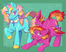 Size: 1661x1319 | Tagged: safe, artist:cyber-plush, artist:cyberplush, dewdrop dazzle, feathermay, pegasus, pony, unicorn, g4, cute, duo, female, horn, mare, raised hoof, redesign, simple background, toy interpretation