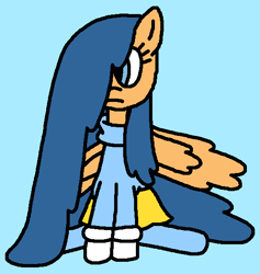 Size: 551x581 | Tagged: safe, artist:gillianthecreator36, first base, pegasus, pony, g4, adorabase, blue background, clothes, cute, evelyn, evelyn's gloves, evelyn's skirt, evelyn's sweater, evelyn's tights, female, first base's different manes, frown, gloves, long hair, long mane, long tail, mare, older, older first base, pegasus first base, sad, sadbase, sadorable, simple background, sitting, skirt, solo, sweater, tail