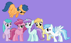 Size: 909x549 | Tagged: safe, artist:maddiewondermanforever36, artist:rain-approves, aura (g4), cotton cloudy, first base, liza doolots, noi, petunia, ruby pinch, tootsie flute, earth pony, pegasus, pony, unicorn, g4, adorabase, adult blank flank, alternate mane six, alternate universe, aurabetes, base used, blank flank, cottonbetes, cute, female, filly six, flapping, flying, grin, group, horn, lidded eyes, mare, narrowed eyes, noiabetes, older, older aura (g4), older cotton cloudy, older first base, older liza doolots, older noi, older petunia, older ruby pinch, older tootsie flute, open mouth, open smile, pegasus first base, pinchybetes, purple background, race swap, raised hoof, raised leg, sextet, simple background, smiling, tootsie cute