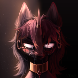 Size: 4000x4000 | Tagged: safe, artist:unt3n, pony, unicorn, black tears, bust, creepy, crying, ear piercing, earring, horn, horn ring, jewelry, necklace, piercing, portrait, ring, white eyes