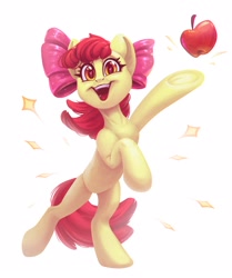 Size: 1802x2160 | Tagged: safe, artist:amishy, apple bloom, earth pony, pony, g4, adorabloom, apple, apple bloom's bow, bipedal, bow, cute, female, filly, foal, food, frog (hoof), grin, hair bow, heart, heart eyes, looking at you, open mouth, open smile, simple background, smiling, smiling at you, solo, sparkles, underhoof, white background, wingding eyes