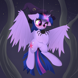 Size: 2000x2000 | Tagged: safe, artist:posionjoke, twilight sparkle, alicorn, pony, g4, blushing, eyebrows, female, flying, halloween, hat, high res, holiday, horn, looking at something, mare, night, night sky, outdoors, sky, solo, spider web, spooky, spread wings, stars, tree branch, twilight sparkle (alicorn), wings, witch hat