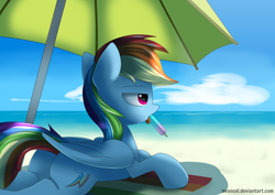 Size: 4500x3181 | Tagged: safe, artist:neoncel, rainbow dash, pegasus, pony, g4, beach, butt, cloud, eyebrows, female, folded wings, food, high res, licking, lidded eyes, lying down, mare, open mouth, outdoors, plot, popsicle, prone, sky, solo, sploot, tail, tongue out, umbrella, water, wings