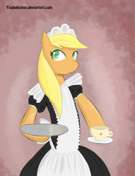Size: 1200x1573 | Tagged: safe, artist:tsubukisan, applejack, earth pony, pony, semi-anthro, g4, clothes, cup, female, maid, mare, solo, teacup