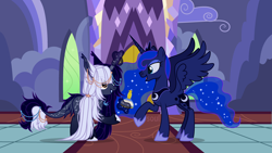 Size: 4000x2249 | Tagged: safe, artist:cursed soul, princess luna, oc, alicorn, unicorn, complex background, concave belly, duo, female, height difference, horn, leonine tail, lightly watermarked, looking at each other, looking at someone, mare, original character do not steal, physique difference, potion, raised hoof, show accurate, side view, slender, spread wings, tail, thin, twilight's castle, unicorn oc, watermark, wings