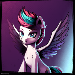 Size: 4100x4100 | Tagged: safe, artist:adagiostring, zipp storm, pegasus, pony, g5, my little pony: a new generation, absurd resolution, adorazipp, bust, colored wings, commission, cool, cute, eyebrows, female, gradient background, grin, looking at you, mare, multicolored wings, portrait, smiling, smiling at you, solo, spread wings, wings