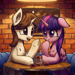 Size: 3000x3000 | Tagged: safe, artist:adagiostring, twilight sparkle, oc, oc:phaidon, alicorn, pony, unicorn, g4, alcohol, bar, canon x oc, chest fluff, commission, commissioner:lahirien, couple, drink, duo, duo male and female, eye clipping through hair, eyebrows, eyebrows visible through hair, female, floppy ears, folded wings, glass, high res, horn, indoors, male, mare, open mouth, open smile, rum, shading, shipping, sitting, smiling, stallion, straight, table, twilight sparkle (alicorn), underhoof, unicorn oc, wings