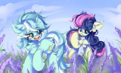 Size: 2560x1536 | Tagged: safe, artist:vanilla-chan, bon bon, lyra heartstrings, sweetie drops, earth pony, pony, unicorn, g4, adorabon, chest fluff, cute, duo, duo female, ear fluff, eyebrows, eyebrows visible through hair, female, field, flower, fluffy, grass, happy, horn, lesbian, looking at each other, looking at someone, looking back, lyrabetes, mare, open mouth, open smile, outdoors, raised hoof, ship:lyrabon, shipping, sky, smiling