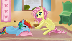 Size: 1920x1080 | Tagged: safe, artist:v-invidia, fluttershy, rainbow dash, pegasus, pony, g4, blushing, duo, duo female, female, food, ice pack, mouse hole, pillow, sick, soup, thermometer