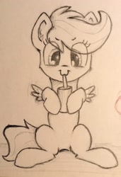 Size: 1936x2828 | Tagged: safe, artist:chevaleto, derpibooru exclusive, scootaloo, pegasus, pony, g4, cute, cutealoo, drink, female, filly, foal, grayscale, monochrome, pencil drawing, sitting, sketch, solo, spread wings, straw, traditional art, wings