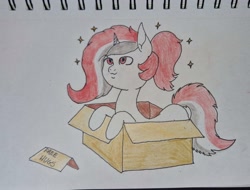 Size: 2418x1840 | Tagged: artist needed, safe, oc, oc only, oc:red rocket, pony, unicorn, box, cute, free hugs, horn, pony in a box, red eyes, solo, sparkly mane, traditional art