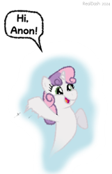 Size: 723x1122 | Tagged: safe, artist:realdash, sweetie belle, ghost, ghost pony, pony, undead, unicorn, g4, aura, cute, diasweetes, female, filly, foal, happy, horn, implied anon, magma.com, motion lines, offscreen character, pixel art, redraw, simple background, smiling, solo, spooky belle, transparent background, waving