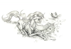 Size: 1500x1024 | Tagged: safe, artist:baron engel, mistmane, bird, duck, pony, unicorn, g4, black and white, female, flower, grayscale, horn, mare, monochrome, pencil drawing, reflection, simple background, solo, traditional art, water, white background, young mistmane