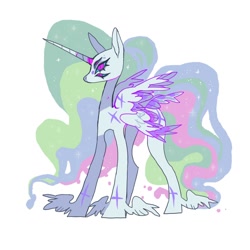 Size: 1134x1134 | Tagged: safe, artist:cutesykill, princess celestia, alicorn, pony, g4, alternate color palette, alternate design, alternate eye color, alternate universe, beanbrows, blue sclera, colored muzzle, colored sclera, colored wings, colored wingtips, concave belly, ethereal mane, ethereal tail, eyebrows, facial markings, female, horn, leg scar, lidded eyes, long horn, long legs, mare, multicolored mane, multicolored tail, multiple eyes, multiple wings, narrowed eyes, partially open wings, pink eyes, profile, scar, simple background, six eyes, six wings, slit pupils, small wings, solo, sparkly mane, sparkly tail, tail, tall, thin, two toned wings, unicorn horn, wavy mane, wavy tail, white background, white coat, winged hooves, wings