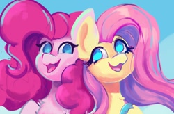 Size: 1046x686 | Tagged: safe, artist:saphypone, fluttershy, pinkie pie, earth pony, pegasus, pony, g4, bust, duo, duo female, female, mare, no pupils, open mouth, open smile, portrait, smiling
