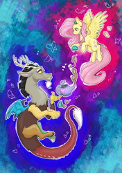 Size: 4169x5906 | Tagged: safe, artist:delfinaluther, discord, fluttershy, draconequus, pegasus, pony, g4, colorful background, feather, female, food, heart, love, male, ship:discoshy, shipping, straight, tea, tea party, wings