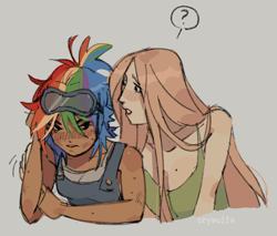 Size: 1098x934 | Tagged: safe, artist:crywulfe, fluttershy, rainbow dash, human, g4, arm around back, arm freckles, bags under eyes, blushing, bust, clothes, colored sketch, dress, duo, duo female, emanata, eye clipping through hair, eyebrows, eyebrows visible through hair, eyelashes, female, freckles, frown, goggles, goggles on head, gray background, height difference, humanized, lesbian, light skin, lipstick, long hair, looking at each other, looking at someone, messy hair, multicolored hair, narrowed eyes, overalls, pink hair, question mark, rainbow hair, ship:flutterdash, shipping, shirt, short hair, short hair rainbow dash, signature, simple background, sketch, smoldash, speech bubble, staright hair, tallershy, tan skin, undershirt