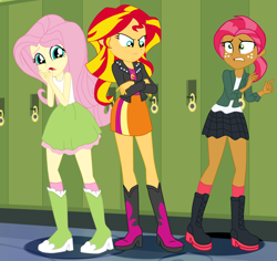 Size: 3400x3204 | Tagged: safe, artist:gmaplay, babs seed, fluttershy, sunset shimmer, equestria girls, g4, angry, clothes, defending, female, fluttershy's skirt, lockers, older, older babs seed, protecting, scared, skirt, trio, trio female
