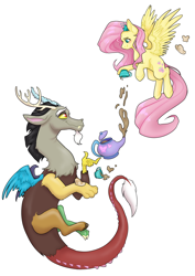 Size: 3508x4961 | Tagged: safe, artist:delfinaluther, discord, fluttershy, butterfly, draconequus, pegasus, pony, g4, cup, female, food, love, male, ship:discoshy, shipping, simple background, straight, tea, tea party, teacup, teapot, white background, wings