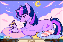 Size: 1280x855 | Tagged: safe, artist:crywulfe, twilight sparkle, pony, unicorn, g4, alternate color palette, alternate hair color, animal jam, blanket, blushing, book, clothes, crescent moon, eyes closed, eyeshadow, female, glasses, horn, long socks, lying down, makeup, mare, moon, multicolored mane, multicolored tail, night, open book, pillow, profile, prone, purple coat, reading, short horn, sky background, smiling, socks, solo, stars, straight mane, straight tail, striped socks, tail, text, thigh highs, unicorn horn, unicorn twilight