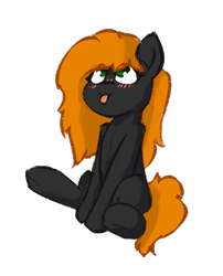 Size: 605x750 | Tagged: safe, artist:solarhors, derpibooru exclusive, oc, oc only, oc:solar flare, earth pony, pony, :p, blushing, eye clipping through hair, female, mare, simple background, sitting, solo, tail, tongue out, transparent background