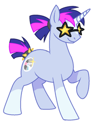 Size: 682x868 | Tagged: safe, artist:devilbunzz, oc, oc only, unnamed oc, pony, unicorn, g4, blaze (coat marking), coat markings, colored horn, facial markings, glasses, horn, magical lesbian spawn, male, next generation, offspring, parent:twilight sparkle, parent:vinyl scratch, parents:vinylight, ponytail, purple coat, raised hoof, short mane, short tail, simple background, smiling, socks (coat markings), solo, spiked tail band, stallion, standing, star glasses, straight mane, straight tail, tail, tail band, tied mane, tied tail, two toned mane, two toned tail, unicorn oc, white background