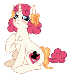 Size: 730x796 | Tagged: safe, artist:devilbunzz, oc, oc only, unnamed oc, pony, unicorn, g4, blue eyes, blushing, bow, chest fluff, curly mane, curly tail, eyelashes, female, frown, hair bow, hoof on chest, horn, lidded eyes, magical lesbian spawn, mare, next generation, offspring, parent:fluttershy, parent:rarity, parents:flarity, pigtails, pink mane, pink tail, raised hoof, short mane, short tail, simple background, sitting, solo, tail, tail bow, unicorn horn, unicorn oc, white background, wingding eyes, yellow coat