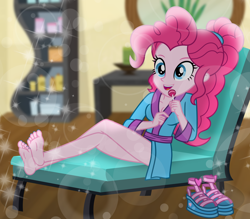 Size: 2000x1750 | Tagged: safe, artist:emeraldblast63, part of a set, pinkie pie, human, equestria girls, g4, alternate hairstyle, barefoot, beach chair, candy, chair, clothes, collarbone, cute, diapinkes, feet, female, food, legs, lens flare, lollipop, nail polish, ponytail, robe, sandals, shoes removed, solo, spa, toenail polish, toenails