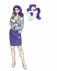 Size: 2000x2500 | Tagged: safe, artist:foxysslave, rarity, human, pony, g4, alternate hairstyle, bracelet, clothes, coat, ear piercing, earring, eyeshadow, female, high heels, humanized, jewelry, lipstick, makeup, mare, nail polish, necklace, piercing, shirt, shoes, simple background, skirt, solo, white background