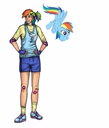 Size: 3000x3500 | Tagged: safe, artist:foxysslave, rainbow dash, human, pegasus, pony, g4, alternate hairstyle, bandaid, clothes, elbow pads, female, fingerless gloves, gloves, grin, humanized, mare, ponytail, shirt, shoes, shorts, simple background, smiling, sneakers, socks, solo, tank top, white background