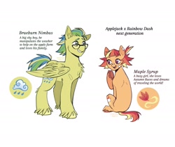 Size: 1541x1303 | Tagged: safe, artist:anemonaii, oc, oc only, oc:braeburn nimbus, oc:maple syrup (anemonaii), earth pony, pegasus, pony, g4, bandaid, bandaid on nose, brother and sister, cheek fluff, chest fluff, colored eyebrows, colored hooves, colored pinnae, duo, duo male and female, ear fluff, earth pony oc, female, folded wings, glasses, green coat, green eyes, height difference, hoof on chin, leg fluff, looking at someone, looking back, magical lesbian spawn, male, mare, messy mane, multicolored mane, multicolored tail, next generation, offspring, orange coat, parent:applejack, parent:rainbow dash, parents:appledash, pegasus oc, purple eyes, short mane, short tail, shy, shy smile, siblings, signature, simple background, sitting, smiling, stallion, standing, tail, text, tied mane, underhoof, unshorn fetlocks, white background, wingding eyes, wings