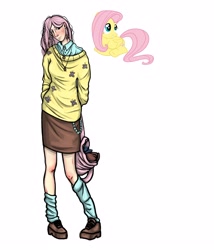 Size: 3000x3500 | Tagged: safe, artist:foxysslave, fluttershy, human, pegasus, pony, g4, alternate hairstyle, bag, blushing, boots, clothes, female, freckles, humanized, jewelry, mare, necklace, shirt, shoes, simple background, socks, solo, stockings, sweater, sweatershy, thigh highs, white background