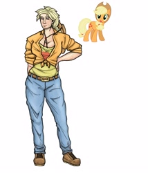 Size: 3000x3500 | Tagged: safe, artist:foxysslave, applejack, earth pony, human, pony, g4, alternate hairstyle, applejack's hat, belt, boots, clothes, cowboy hat, denim, female, french kiss, hat, humanized, jeans, kissing, mare, open mouth, pants, shirt, shoes, simple background, solo, tank top, white background